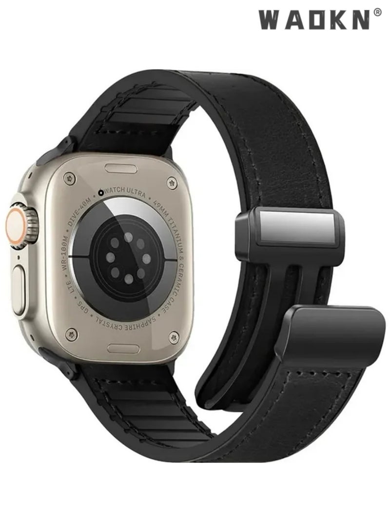 WAOKN Watch Band,Magnetic Leather Watch Band Compatible with Watch Band 49mm 46mm 45mm 44mm 42mm, Genuine Leather with Magnetic Buckle Strap Compatible with Watch Ultra/2 10/9/8/7/6/5/4/3/2/1, Watch Band,Black - Image 1