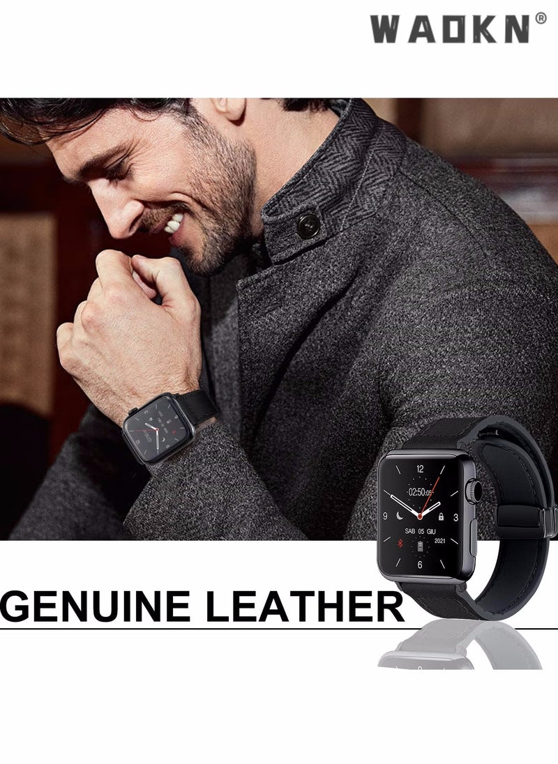 WAOKN Watch Band,Magnetic Leather Watch Band Compatible with Watch Band 49mm 46mm 45mm 44mm 42mm, Genuine Leather with Magnetic Buckle Strap Compatible with Watch Ultra/2 10/9/8/7/6/5/4/3/2/1, Watch Band,Black - Image 2