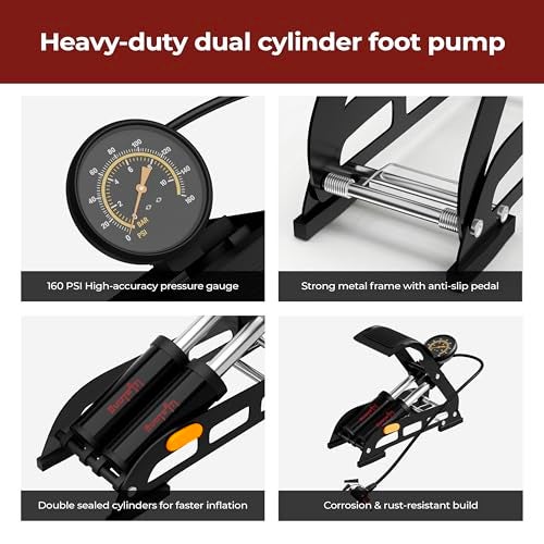 Lifelong Bike Floor Pump | 160 PSI Pressure Gauge | Cycle Pump & Foot Air Pump | Bicycle Pump | Car Tyre Inflator | Presta Schrader Deutschland Valve | for Bicycle, Ball, Scooter, Car, Toys | Black - Image 2