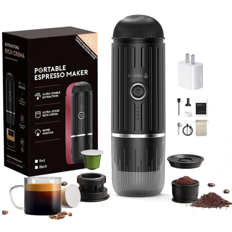 RECAFIMIL Portable Coffee Maker Travel Espresso Machine 120W Red Color 19 Bar Pressure 7500mAh Rechargeable Battery Version Portable On the Go for Camping Driving Home and Office Travelling