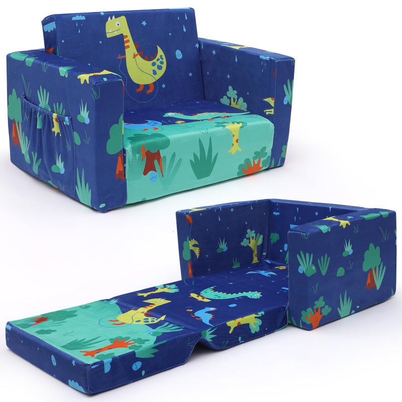 ACRABROS Kids Couch Toddler Sofa Bed Fold Out for Gilrs Boys Baby Flip Out Convertible Lounge Chair Dinosaur