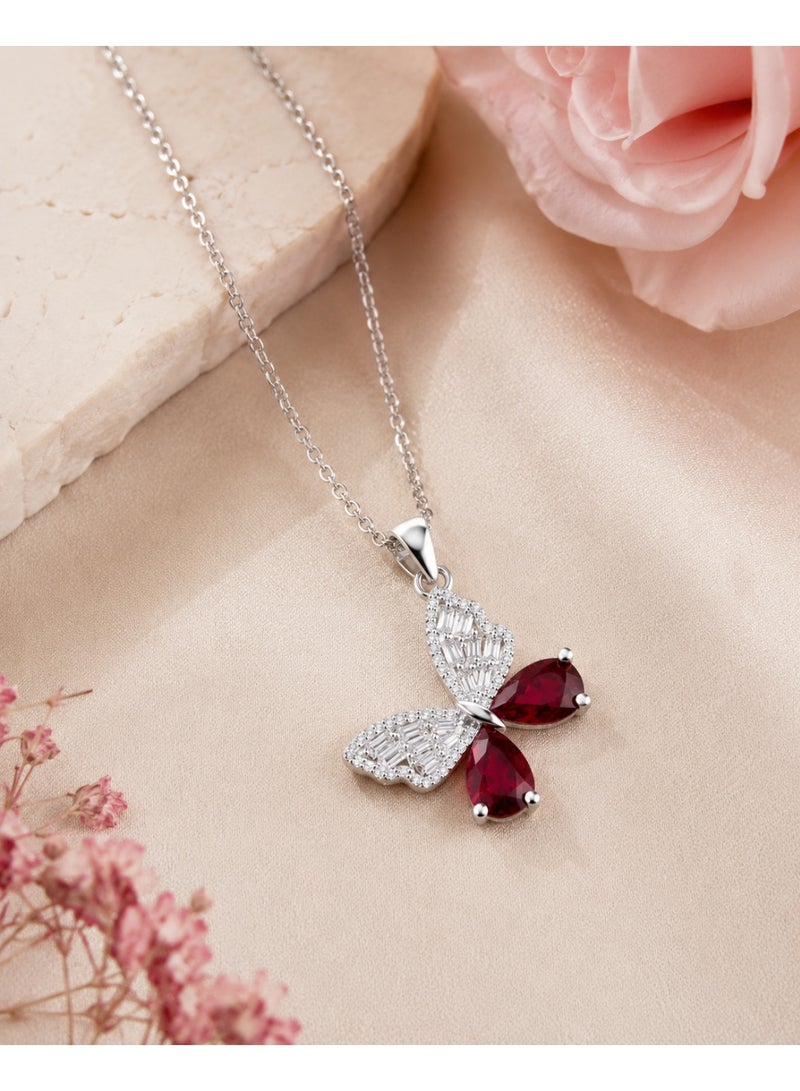 RAFAL Ruby Butterfly Women's Silver-Tone Pendant Necklace with Ruby-Red and Baguette Clear Crystals - Image 2