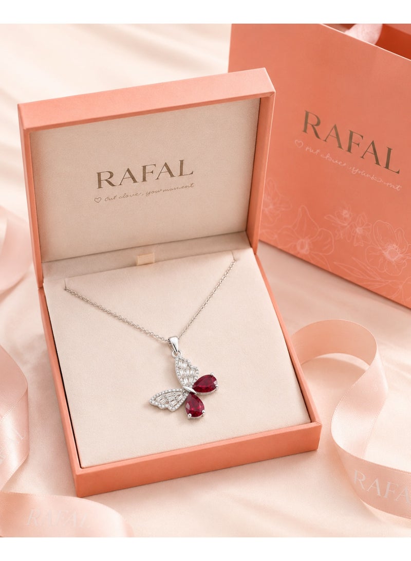 RAFAL Ruby Butterfly Women's Silver-Tone Pendant Necklace with Ruby-Red and Baguette Clear Crystals - Image 4
