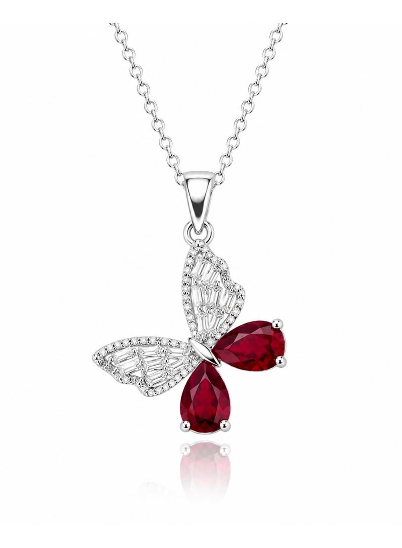 RAFAL Ruby Butterfly Women's Silver-Tone Pendant Necklace with Ruby-Red and Baguette Clear Crystals - Image 1