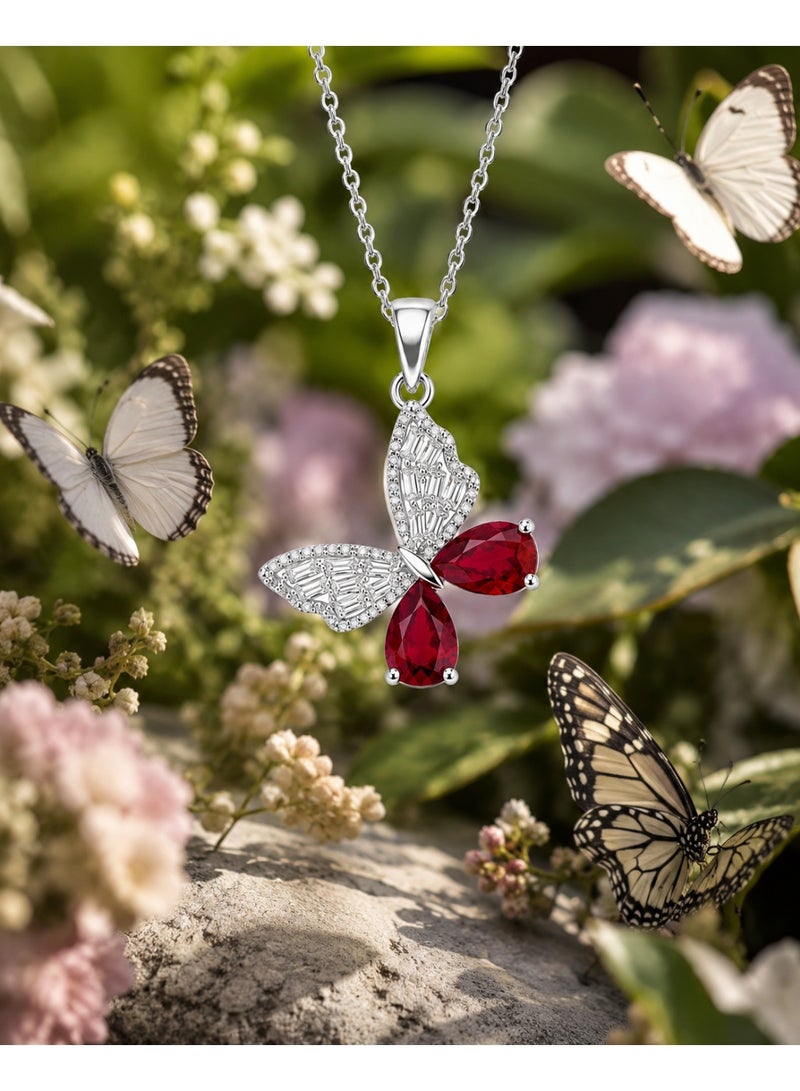 RAFAL Ruby Butterfly Women's Silver-Tone Pendant Necklace with Ruby-Red and Baguette Clear Crystals - Image 3