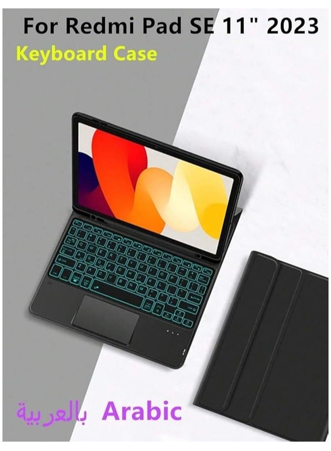 جرين تايجر حافظة تعمل باللمس مع لوحة مفاتيح لجهاز Xiaomi Redmi Pad SE 11 بوصة 2023، العربية والإنجليزية - لوحة تتبع متعددة اللمس - حافظة لوحة مفاتيح للكمبيوتر اللوحي مع حامل قلم لاسلكي قابل للفصل لجهاز Redmi Pad SE 2023 أسود - Image 3
