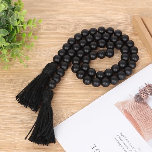 RAMIRABI Wood Beads Garland with Tassels Farmhouse Rustic Prayer Boho Beads for Boho Home Decor, Wall Hanging Decoration (Black) - Image 4