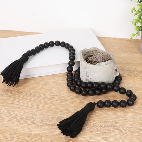 RAMIRABI Wood Beads Garland with Tassels Farmhouse Rustic Prayer Boho Beads for Boho Home Decor, Wall Hanging Decoration (Black) - Image 2