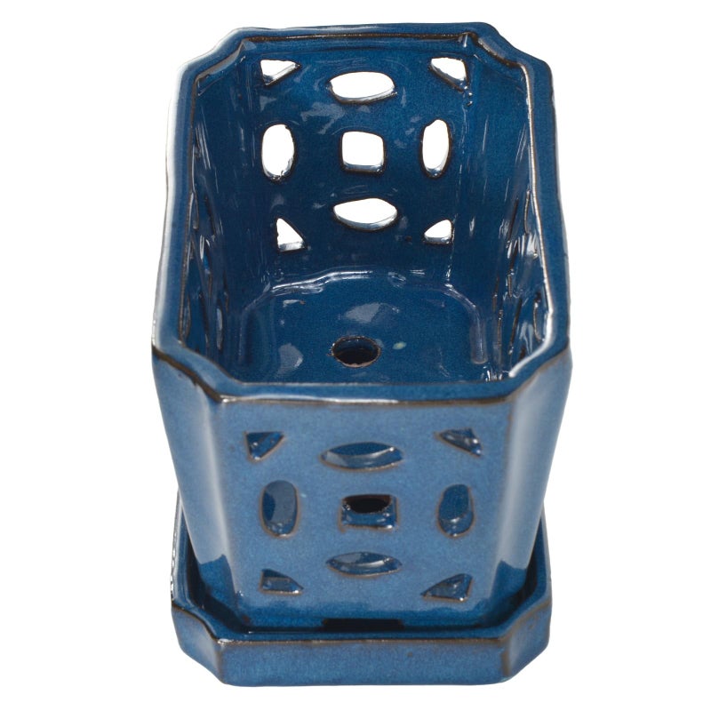 w w W&W Orchid Pot with Holes and Saucer for Repotting, Blue, 9.7 Inch - Image 4