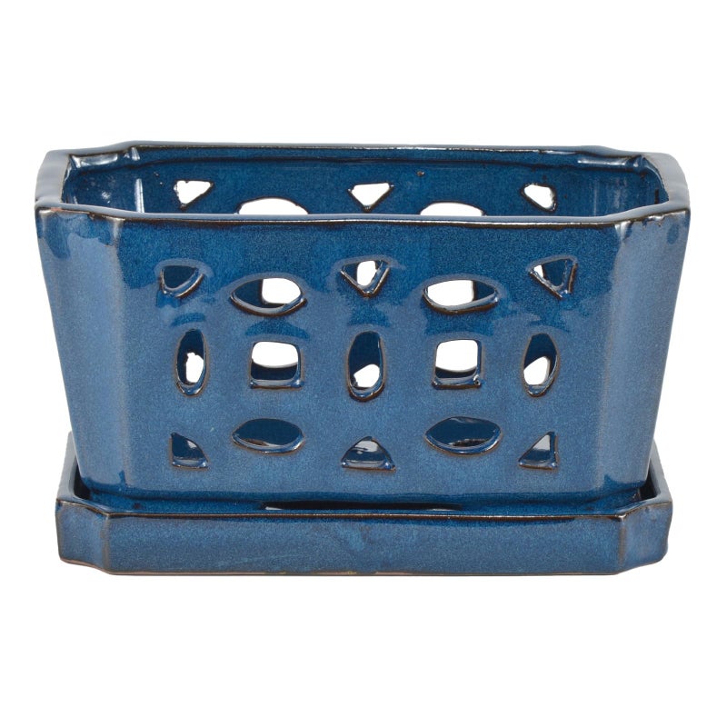 w w W&W Orchid Pot with Holes and Saucer for Repotting, Blue, 9.7 Inch - Image 2