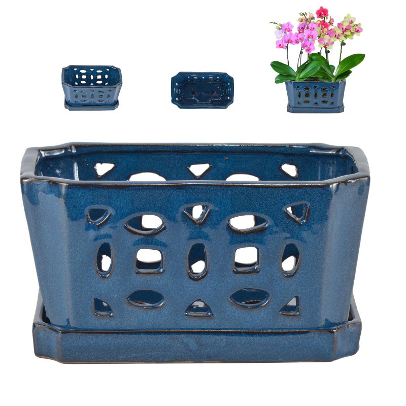 w w W&W Orchid Pot with Holes and Saucer for Repotting, Blue, 9.7 Inch - Image 1