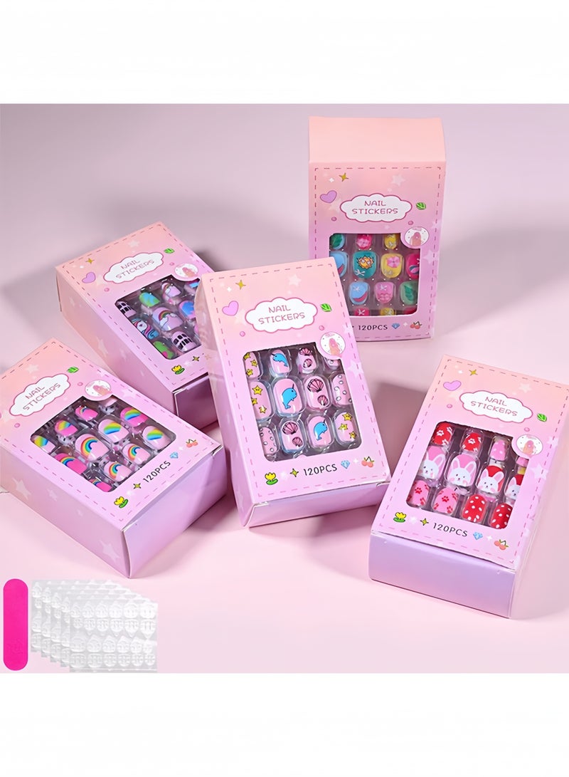 ١٢٠ قطعة أظافر أطفال لاصقة مع غراء هلامي، أظافر صناعية كرتونية قصيرة للبنات، طقم أظافر كامل التغطية - Image 3