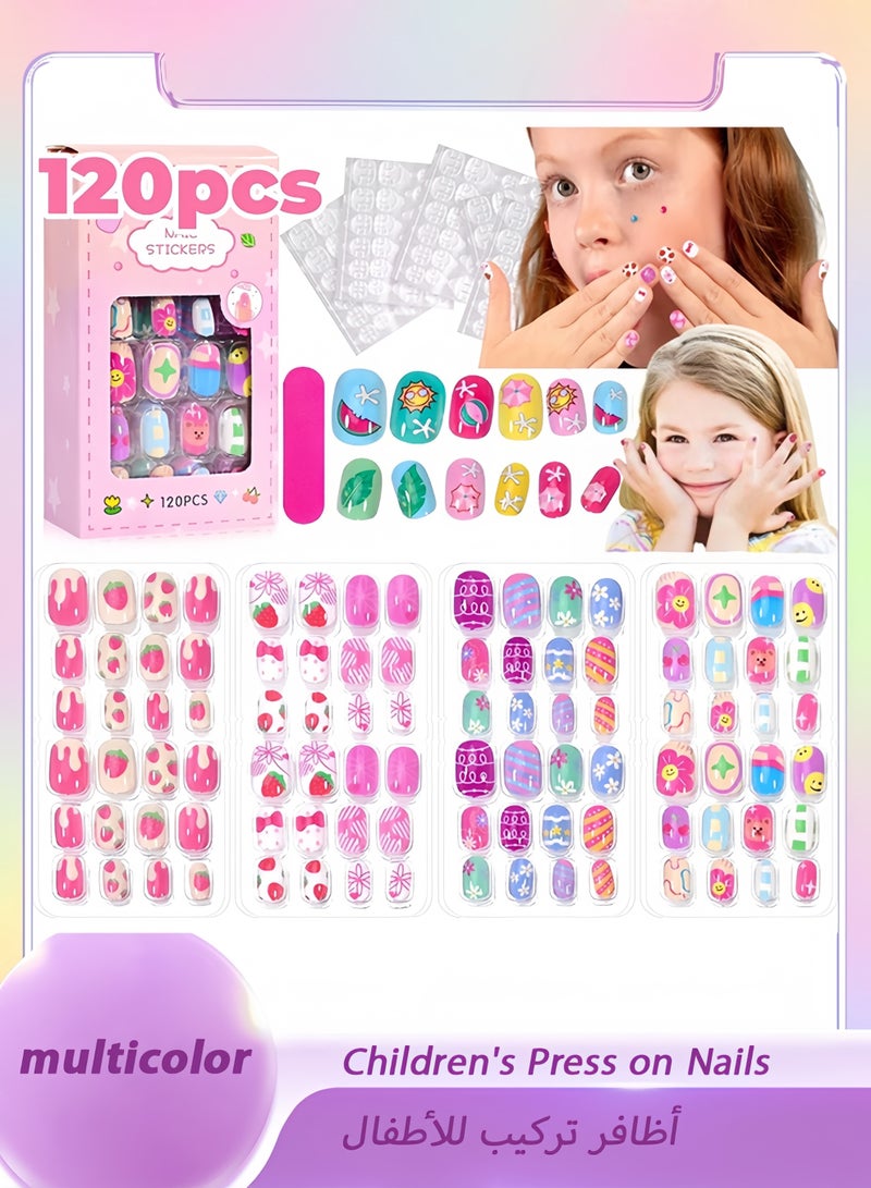 ١٢٠ قطعة أظافر أطفال لاصقة مع غراء هلامي، أظافر صناعية كرتونية قصيرة للبنات، طقم أظافر كامل التغطية - Image 1
