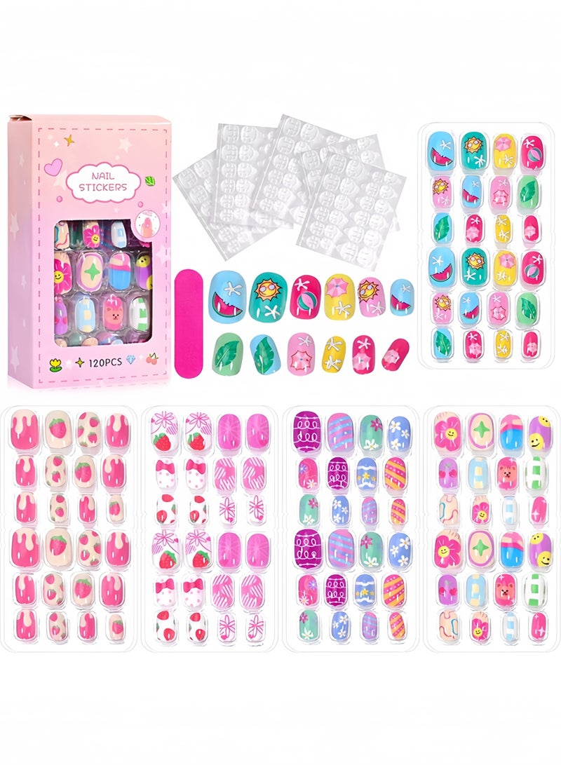 ١٢٠ قطعة أظافر أطفال لاصقة مع غراء هلامي، أظافر صناعية كرتونية قصيرة للبنات، طقم أظافر كامل التغطية - Image 2