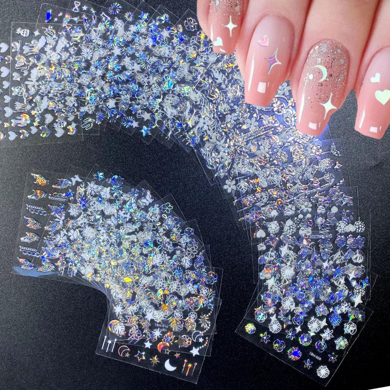 Namrec 30 Sheets Aurora Nail Art Stickers Decals 3D Self Adhesive Flower Nail Stickers Aurora Moon Star Nail Decals for Nail Art Leaf Heart Nail Design for DIY Acrylic Nails Decoration Accessories for Women - Image 1