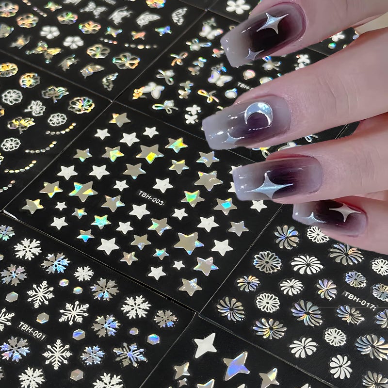 Namrec 30 Sheets Aurora Nail Art Stickers Decals 3D Self Adhesive Flower Nail Stickers Aurora Moon Star Nail Decals for Nail Art Leaf Heart Nail Design for DIY Acrylic Nails Decoration Accessories for Women - Image 4