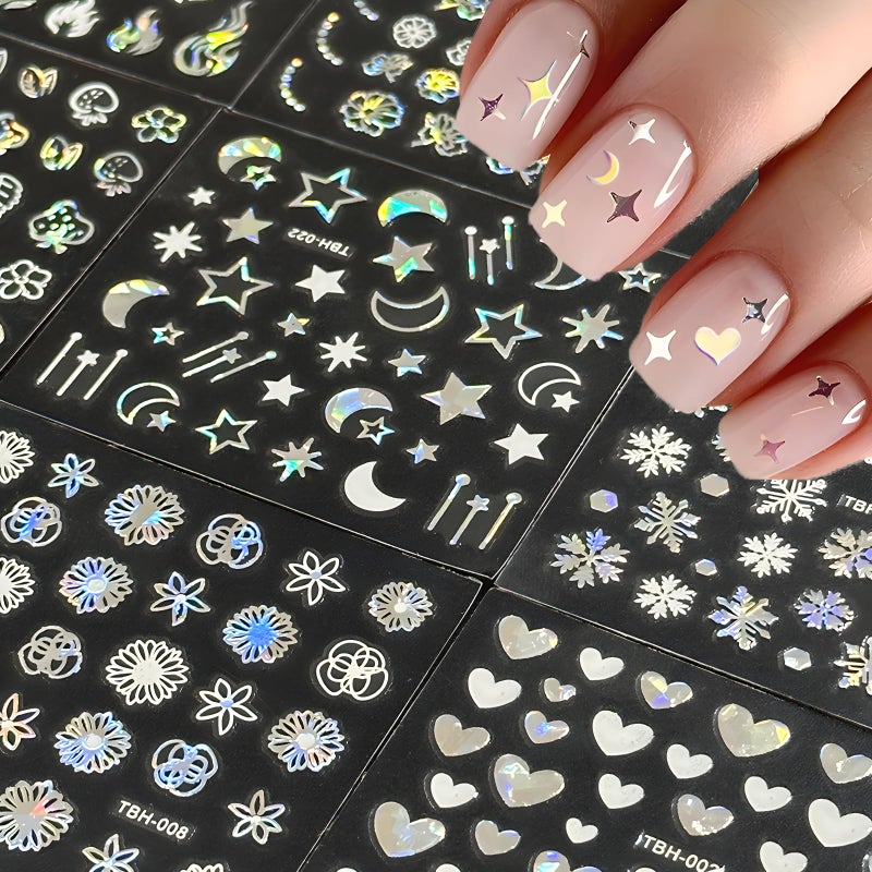 Namrec 30 Sheets Aurora Nail Art Stickers Decals 3D Self Adhesive Flower Nail Stickers Aurora Moon Star Nail Decals for Nail Art Leaf Heart Nail Design for DIY Acrylic Nails Decoration Accessories for Women - Image 3