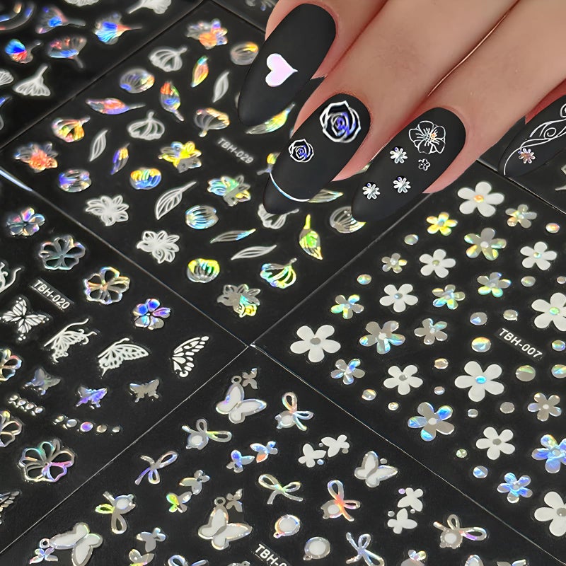 Namrec 30 Sheets Aurora Nail Art Stickers Decals 3D Self Adhesive Flower Nail Stickers Aurora Moon Star Nail Decals for Nail Art Leaf Heart Nail Design for DIY Acrylic Nails Decoration Accessories for Women - Image 5