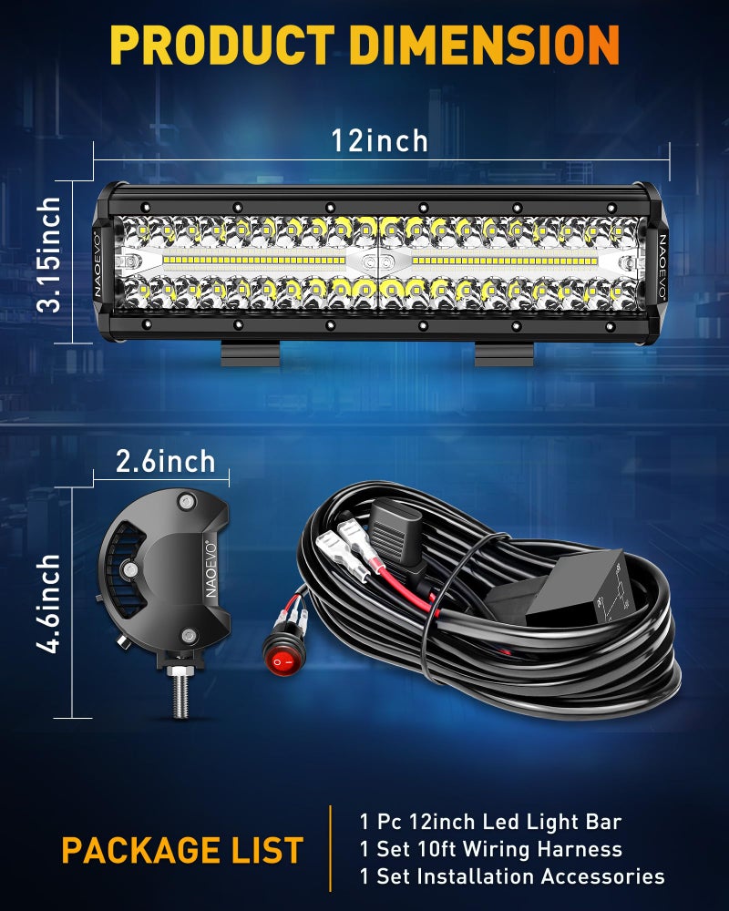 NAOEVO 12 Inch LED Light Bar, 300W 30000LM LED Offroad/Driving/Fog Lights with Wiring Harness Kit, Spot Flood Work Lights for Truck UTV ATV Golf Cart Boat, 1 Pc (White) - Image 5
