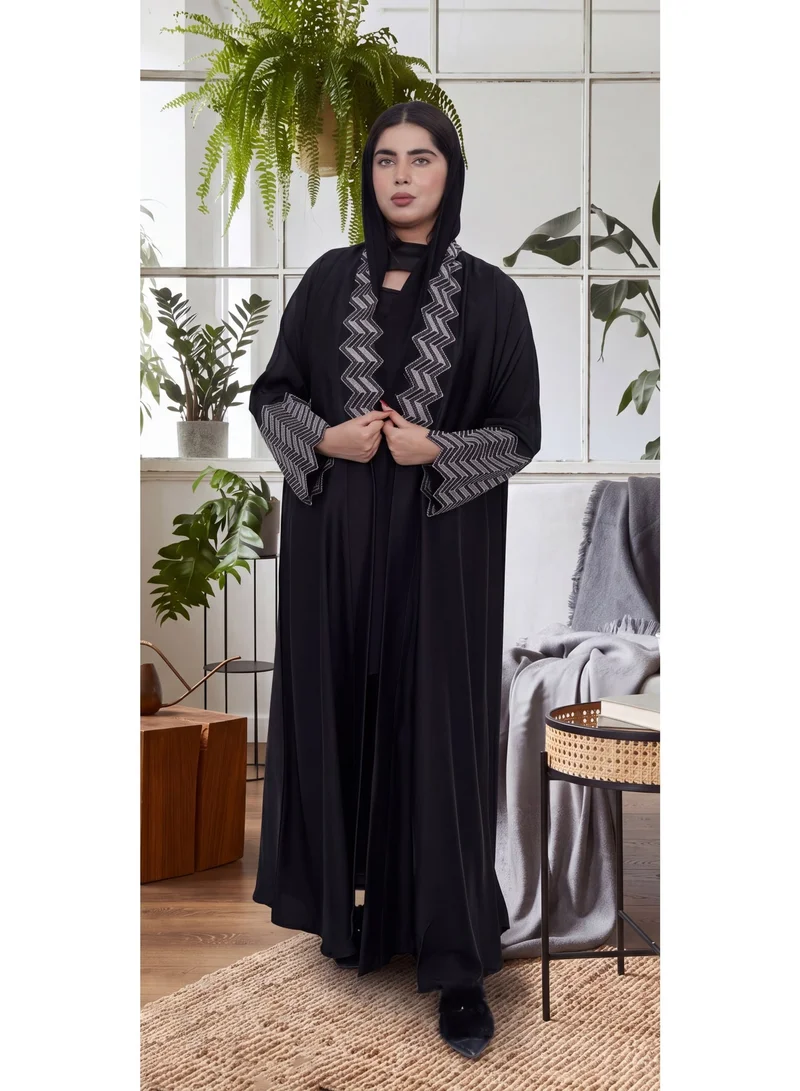 Fashion Line Elegant Open Front Black Abaya with Silver Zigzag Rhinestone Borders and Cuffs