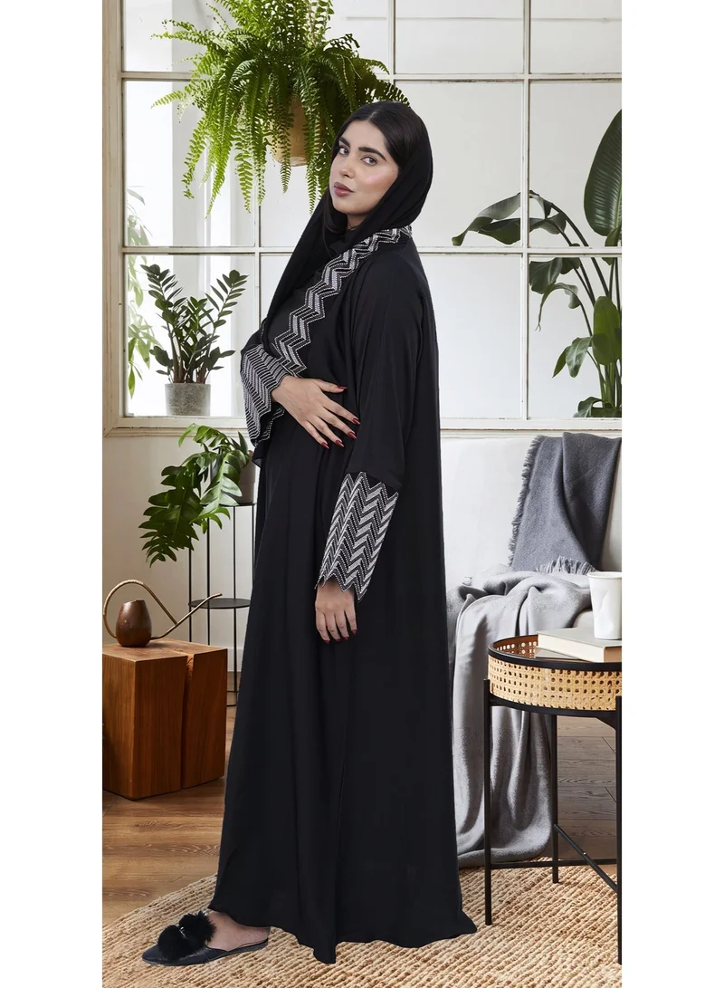 Fashion Line Elegant Open Front Black Abaya with Silver Zigzag Rhinestone Borders and Cuffs