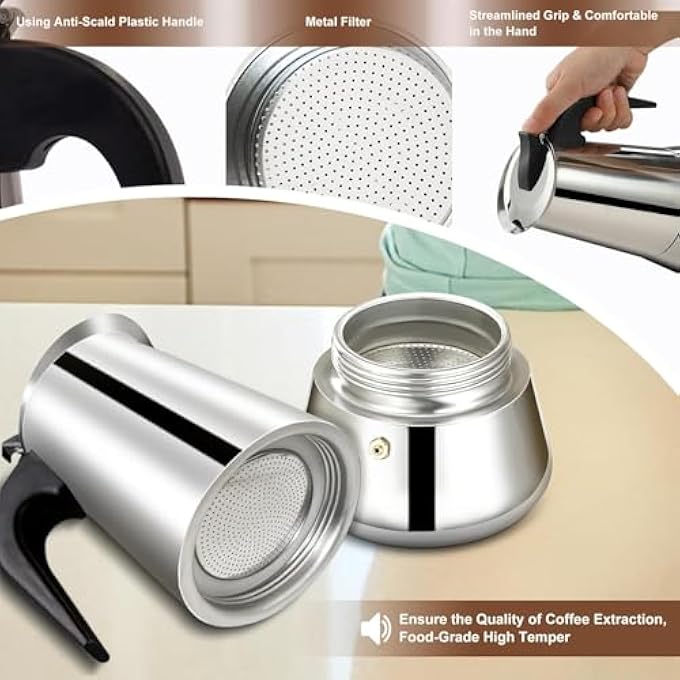 BIGTHREE Mocha Pot Cafetera Italiana Stainless Steel Mocha Pot Induction Cooker Coffee Pot With Filter Thickened Flat Bottom 200Ml Suitable For Daily Use At Home Or For Camping - Image 5