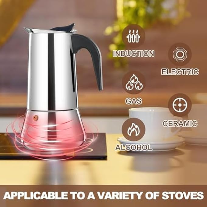 BIGTHREE Mocha Pot Cafetera Italiana Stainless Steel Mocha Pot Induction Cooker Coffee Pot With Filter Thickened Flat Bottom 200Ml Suitable For Daily Use At Home Or For Camping - Image 3