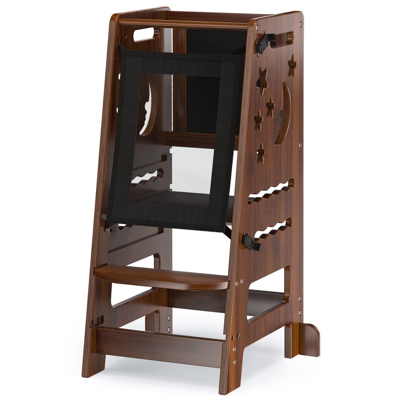 TOETOL TOETOL Bamboo Kids Step Stool for Kitchen Height Adjustable Toddler Standing Tower with Keeper and Black  White Activity Board 