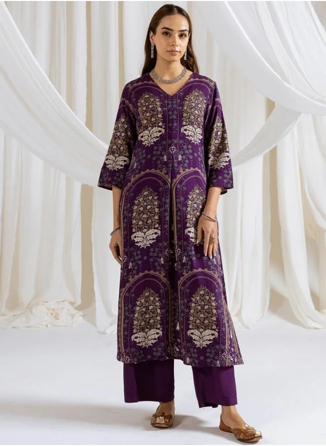 ISHIN Mid Rise Women Purple Rayon Kurta Set with Embroidered pattern Tunic and Palazzo features a Round neckline and Three-Fourth Sleeve secured with Elastic closure and styled in Straight Fit ideal for Festive moments — perfect for fashion-forward occasions.