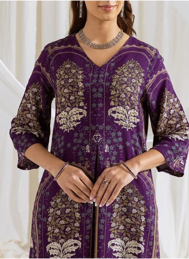 ISHIN Mid Rise Women Purple Rayon Kurta Set with Embroidered pattern Tunic and Palazzo features a Round neckline and Three-Fourth Sleeve secured with Elastic closure and styled in Straight Fit ideal for Festive moments — perfect for fashion-forward occasions.