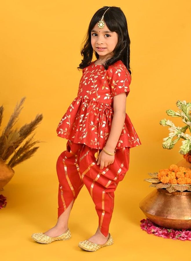 Saka Designs Red With Gold Print Dhoti Jhabala - Image 3