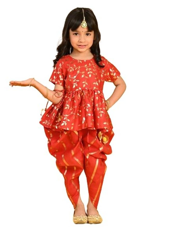 Saka Designs Red With Gold Print Dhoti Jhabala - Image 1