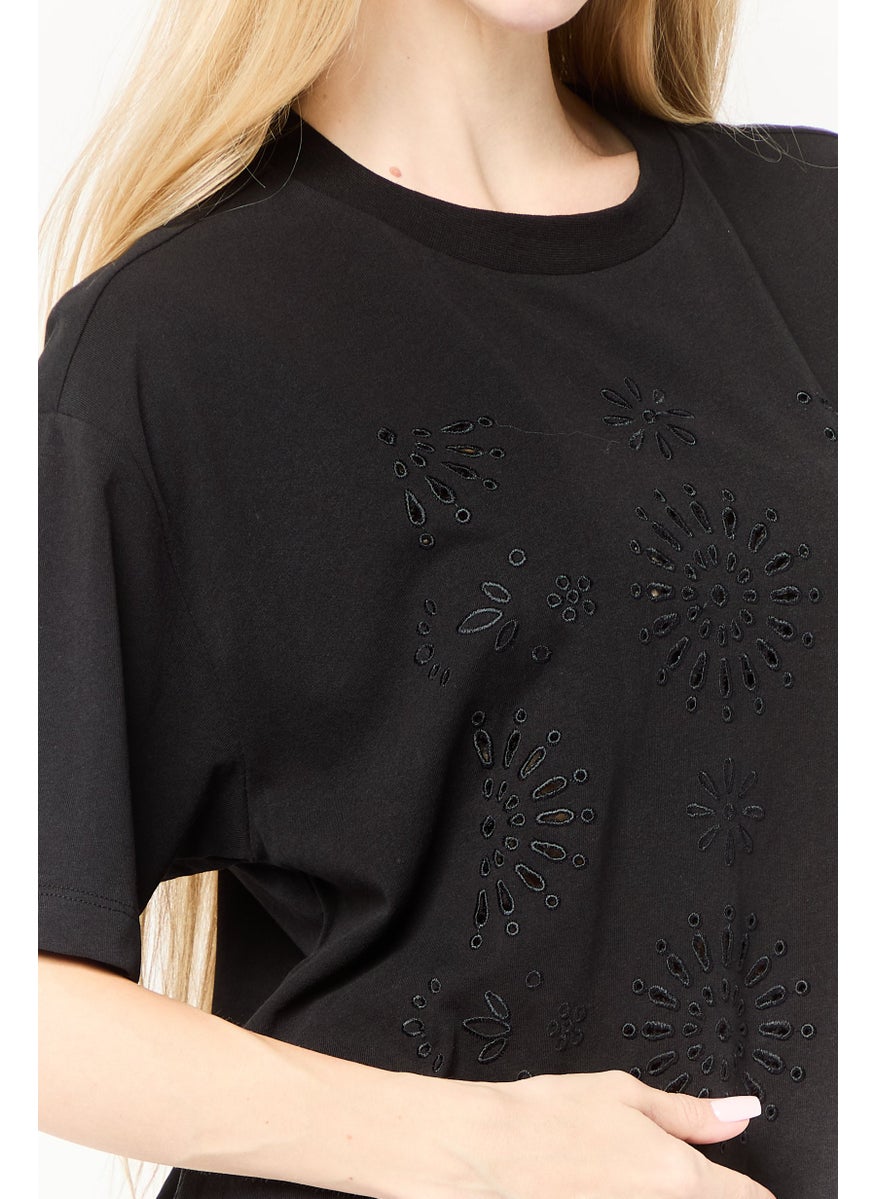 Scotch & Soda Women Crew Neck Short Sleeves Embroidered T-Shirt, Black  - Image 3