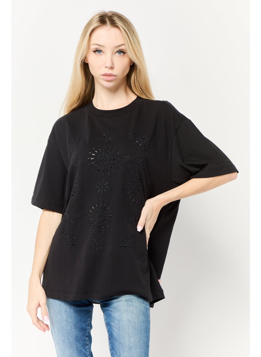 Scotch & Soda Women Crew Neck Short Sleeves Embroidered T-Shirt, Black  - Image 1