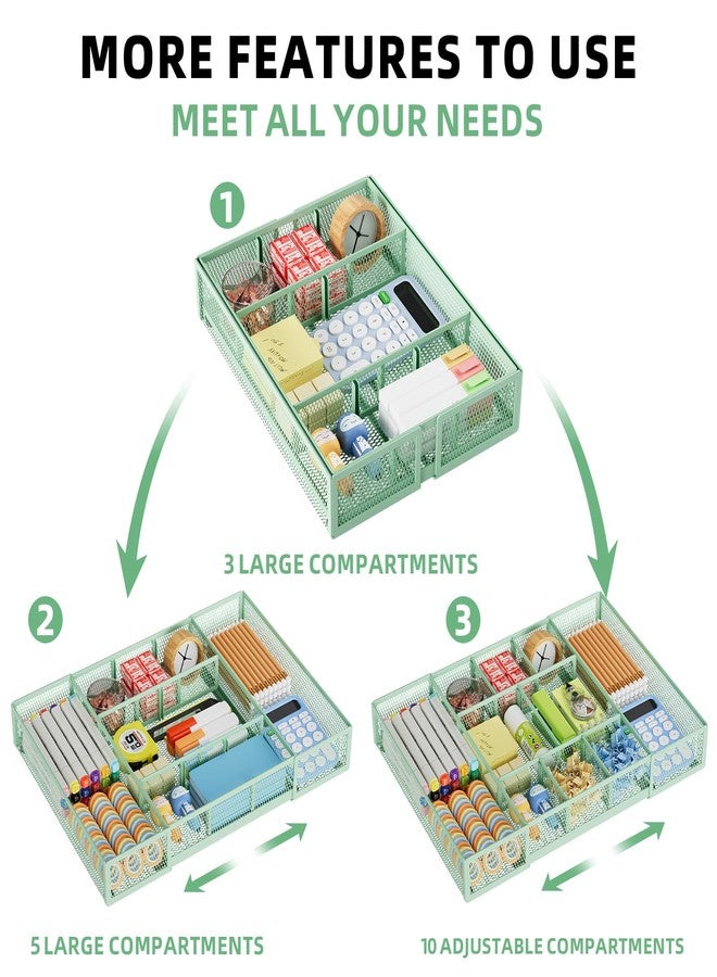 Marbrasse Expandable Desk Drawer Organizer, Mesh Drawer Organizer Tray with 10 Adjustable Compartments, Desk Organizers and Accessories for Office Supplies, Makeup & Vanity (Expandable-Green) - Image 5