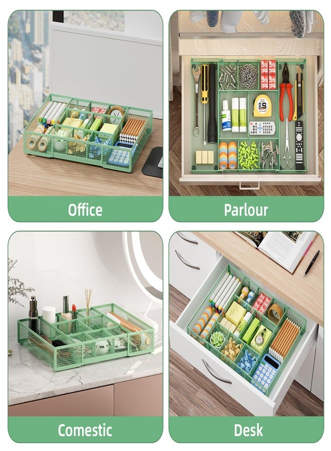 Marbrasse Expandable Desk Drawer Organizer, Mesh Drawer Organizer Tray with 10 Adjustable Compartments, Desk Organizers and Accessories for Office Supplies, Makeup & Vanity (Expandable-Green) - Image 4