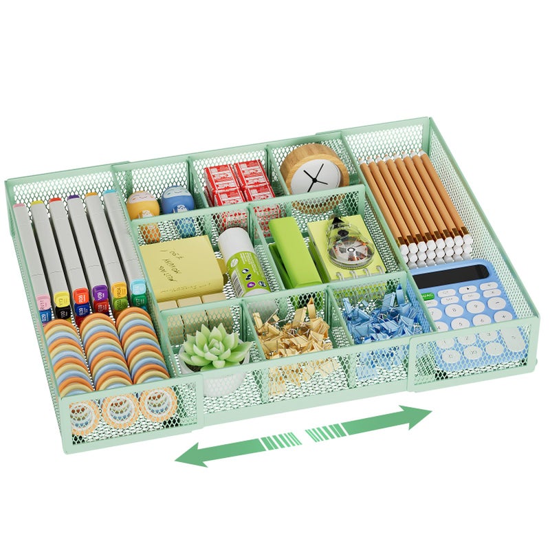 Marbrasse Expandable Desk Drawer Organizer, Mesh Drawer Organizer Tray with 10 Adjustable Compartments, Desk Organizers and Accessories for Office Supplies, Makeup & Vanity (Expandable-Green) - Image 1