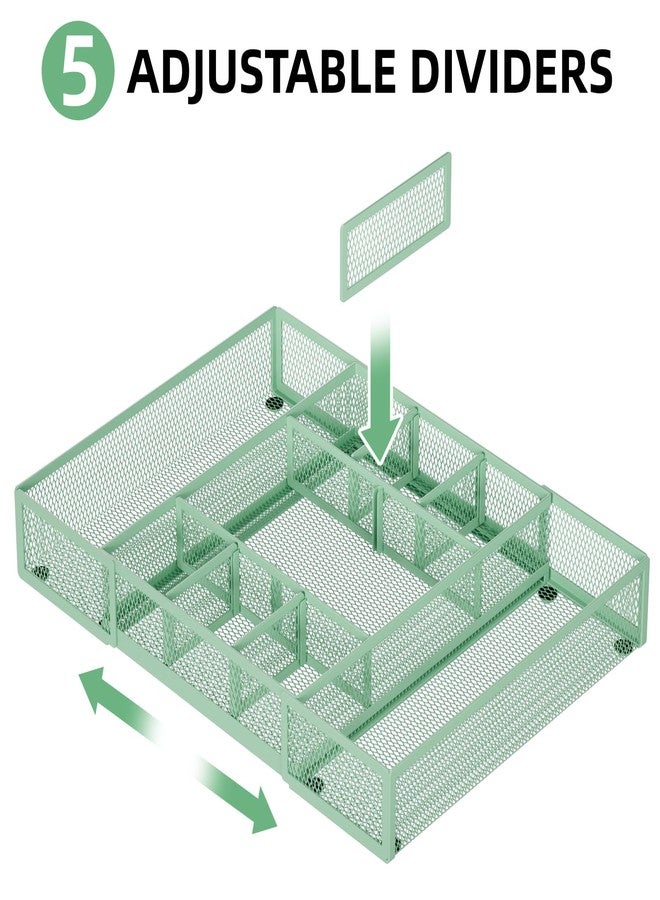 Marbrasse Expandable Desk Drawer Organizer, Mesh Drawer Organizer Tray with 10 Adjustable Compartments, Desk Organizers and Accessories for Office Supplies, Makeup & Vanity (Expandable-Green) - Image 3