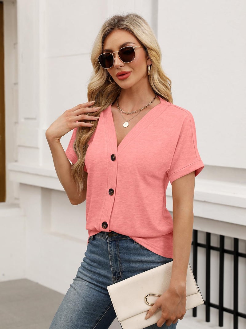 TICTICMISS Womens Summer Tops Short Sleeve Button Down Shirts Casual V Neck T Shirts Trendy Tunic Tops Coral - Image 4