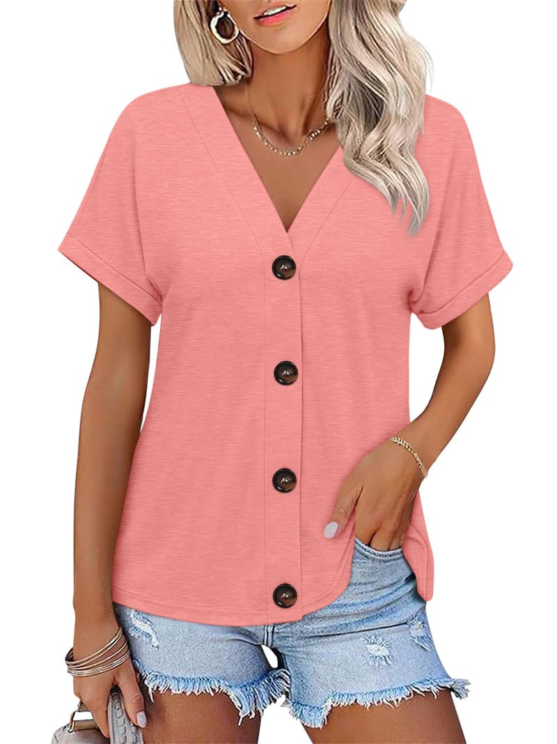 TICTICMISS Womens Summer Tops Short Sleeve Button Down Shirts Casual V Neck T Shirts Trendy Tunic Tops Coral - Image 1