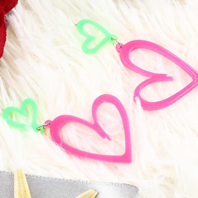 Cifudec Heart Earrings Dangle Valentine's Day Earrings Heart Earrings Cute Love Dangling Heart Earrings for Women (2 Hearts Green Pink) - Image 4