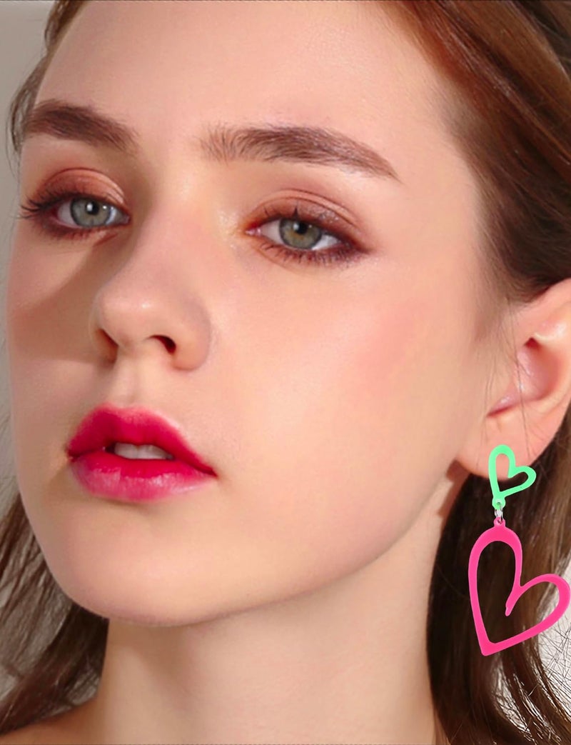 Cifudec Heart Earrings Dangle Valentine's Day Earrings Heart Earrings Cute Love Dangling Heart Earrings for Women (2 Hearts Green Pink) - Image 2