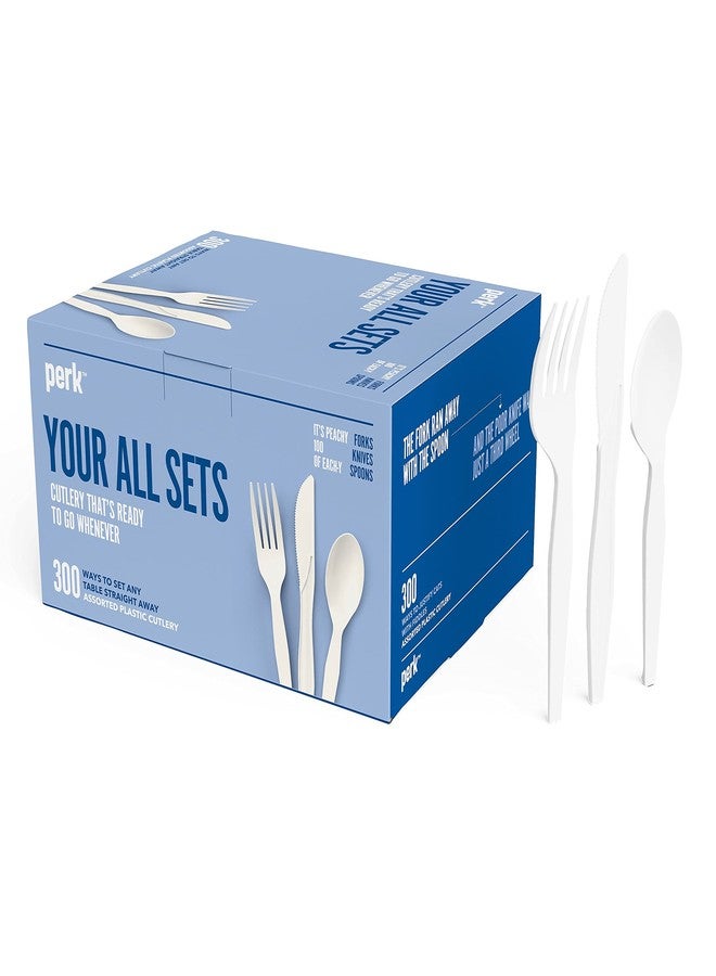 PERK Staples Perk Plastic Cutlery Set, Medium-Weight Disposable Silverware, Forks, Knives, & Spoons, Perfect For Breakfast, Snacks, Desserts, 300-Pack, White - Image 1