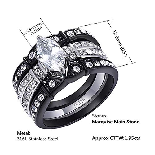 MABELLA His and Hers Wedding Ring Sets Couples Matching Rings Black Women's Stainless Steel Cubic Zirconia Engagement Ring Bridal Sets & Men's Titanium Wedding Band Women's Size 7 Men's Size 10 - Image 3