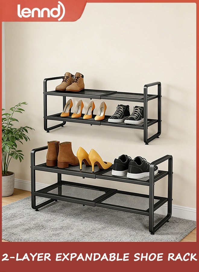 لينند حامل أحذية - منظم أحذية قابل للتوسيع للخزانة، رف تخزين أحذية معدني قابل للتعديل، حامل أحذية طويل قابل للتكديس للمرآب، المدخل، مدخل الباب (أسود، طبقتين) - Image 1