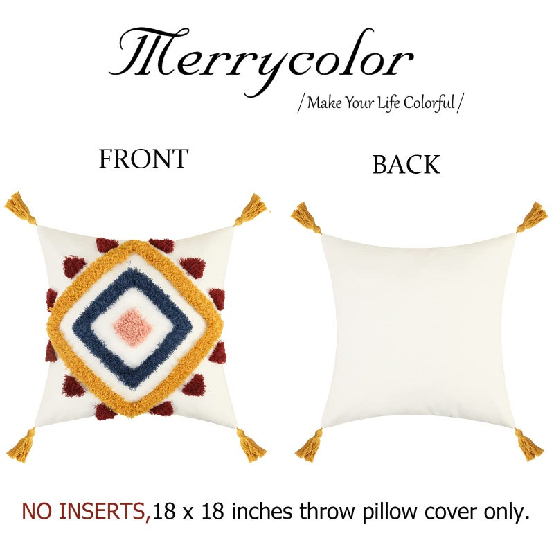 Merrycolor Boho Throw Pillow Covers 18x18 colorful Tufted Decorative Pillow Covers with Tassels Yellow Blue Woven Bohemian Pillow Case Modern Accent Square Cushion Cover for Couch Sofa Bedroom - Image 3
