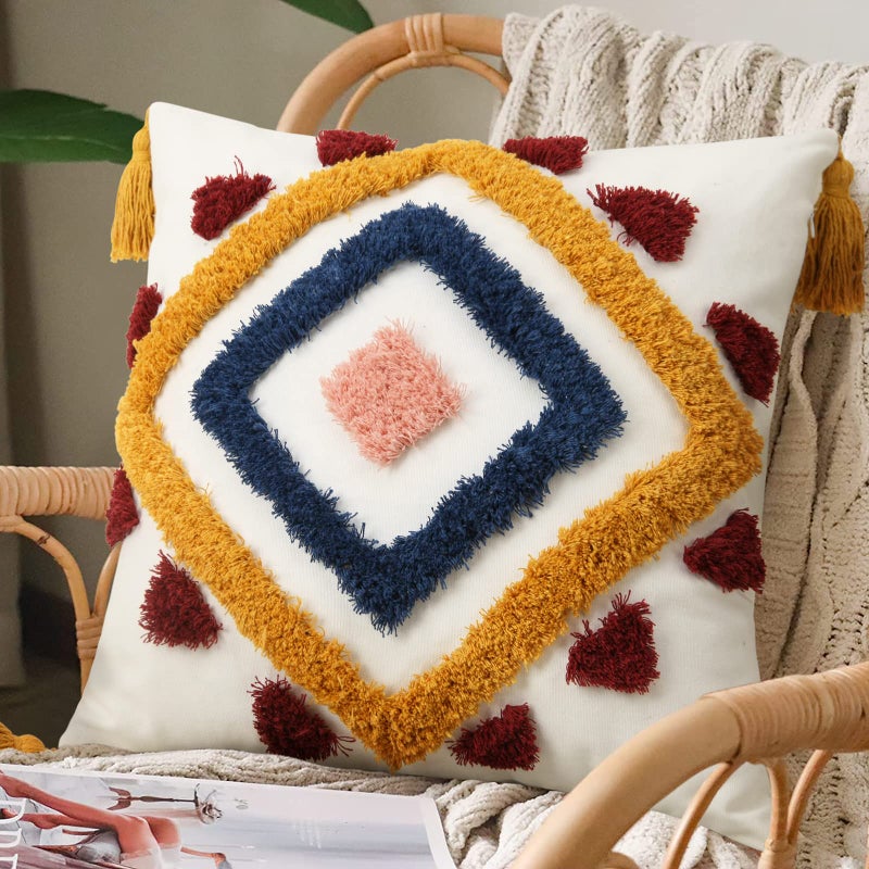 Merrycolor Boho Throw Pillow Covers 18x18 colorful Tufted Decorative Pillow Covers with Tassels Yellow Blue Woven Bohemian Pillow Case Modern Accent Square Cushion Cover for Couch Sofa Bedroom - Image 5