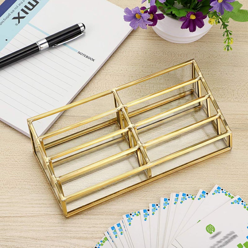 Hipiwe Glass Business Card Holder Stand 8 Slot Name Cards Display Storage Holder Gold Metal Business Cards Organizer for Office Desktop Countertop - Image 3
