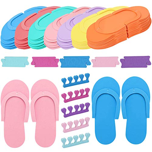 Tbestmax 24 Pair Disposable Flip Flops, Random Color Foam Slippers for Foot Spa Pedicures in Kid Party with 24 Pair Toe Separators Bulk - Image 1