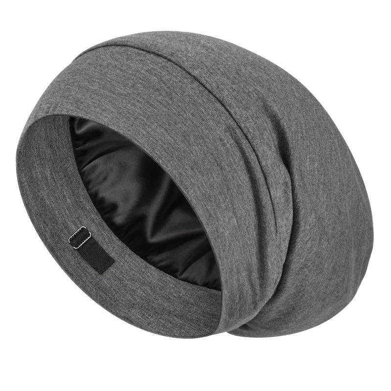 LULUSILK Mulberry Silk Lined Sleep Cap No More Frizzy Tangled Hair Stay On All Night Silk Hair Wrap for Sleeping with Adjustable Strap Silk Bonnet for Women and Men Dark Grey Pack of 1